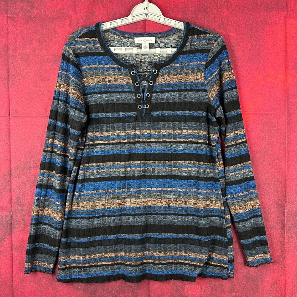 VINTAGE AMERICA BLUES WOMEN;S COOL LACE UP HENLEY TOP, SIZE M (MEDIUM)